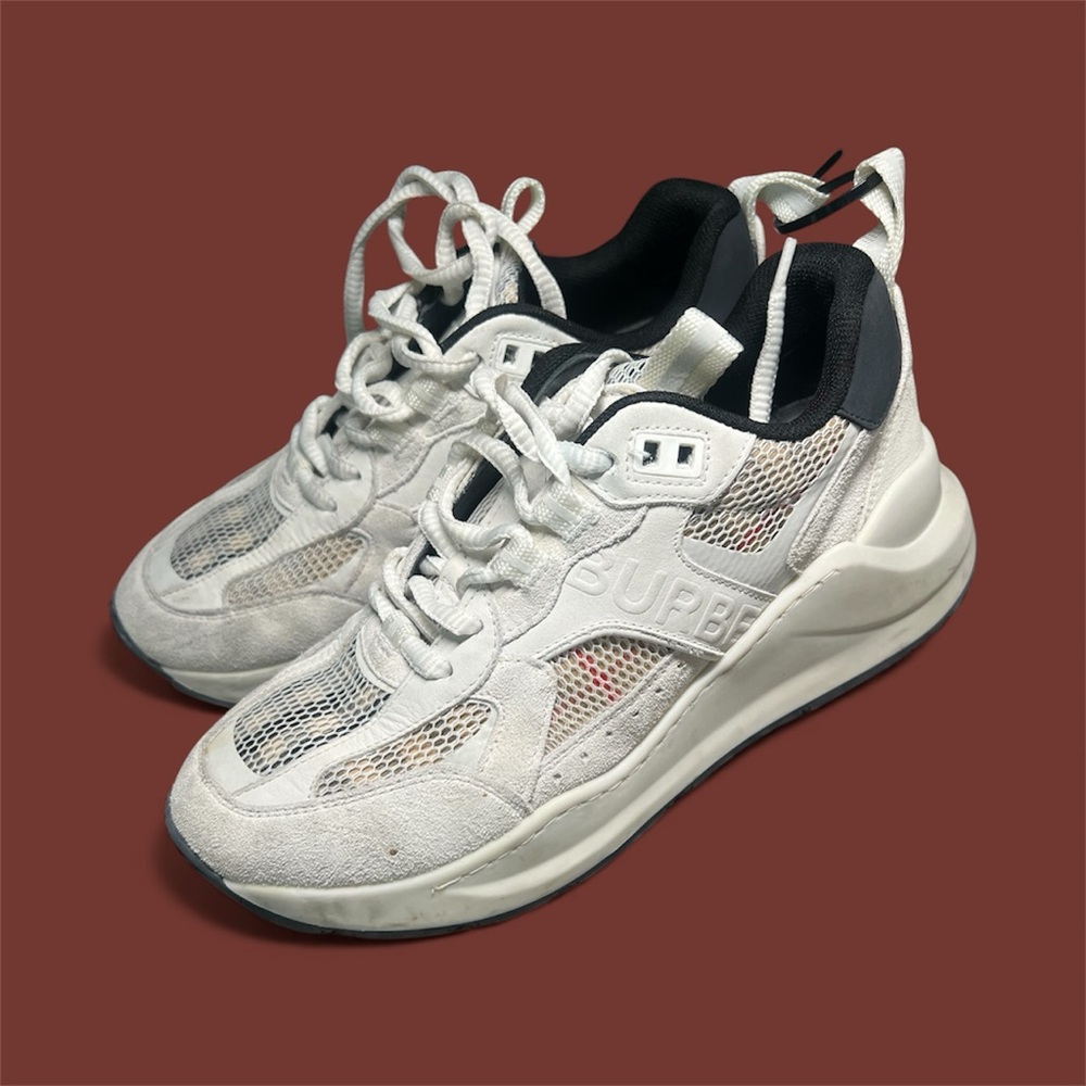 Burberry Logo Print Leather, Suede and Check Mesh Sneakers